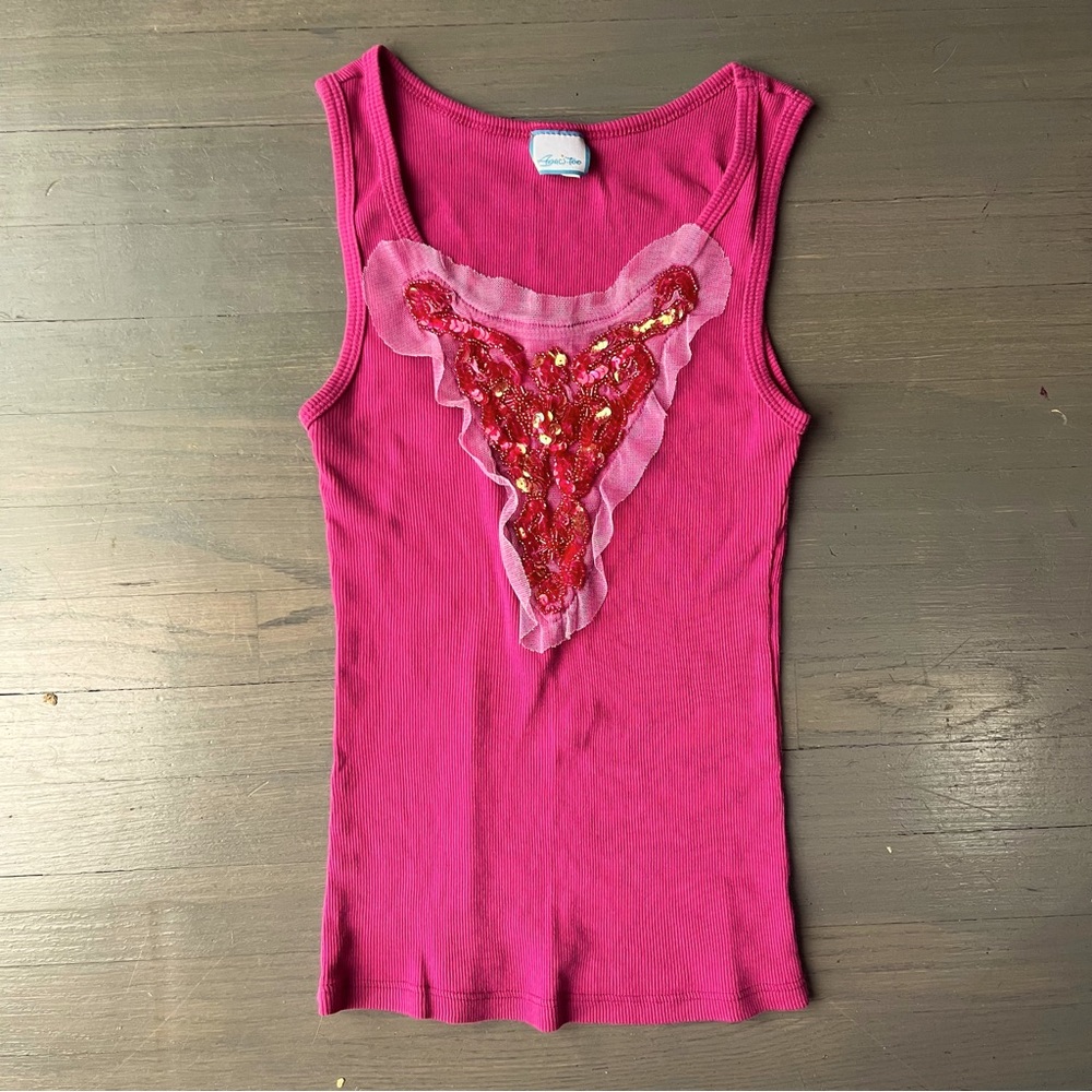 Hot Pink sequin and mesh embellished tank top Agaci